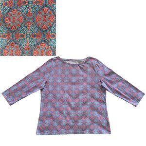 TALBOTS Womens' Blue & Orange Medallion Print 3/4 Sleeve Boatneck Tee Sz XL